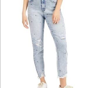 TinselTown Women Junior 5 Ditsy Daisy Embroidered Mom Jeans Mid-Waist